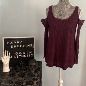 Maroon Louise Lace Cold Shoulder Boho Top